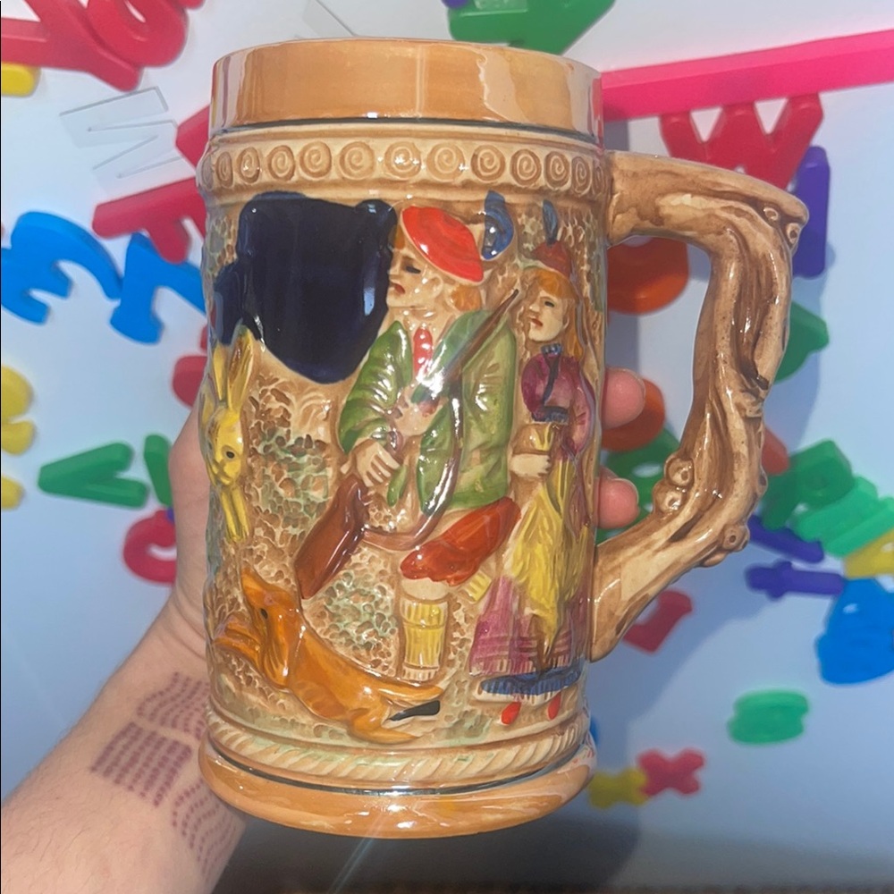 Colorful Ceramic Beer Stein with Hunting Scene